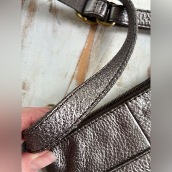 FOSSIL vintage 90s crossbody explorer bag leather purse metallic gun metal gray - Picture 8 of 16